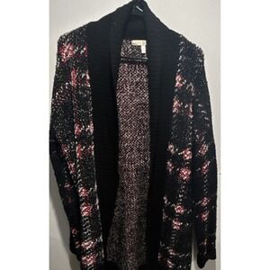 TRU Self Women's Plaid Open Front Cardigan Sweater Black Red White Long Sleeve M